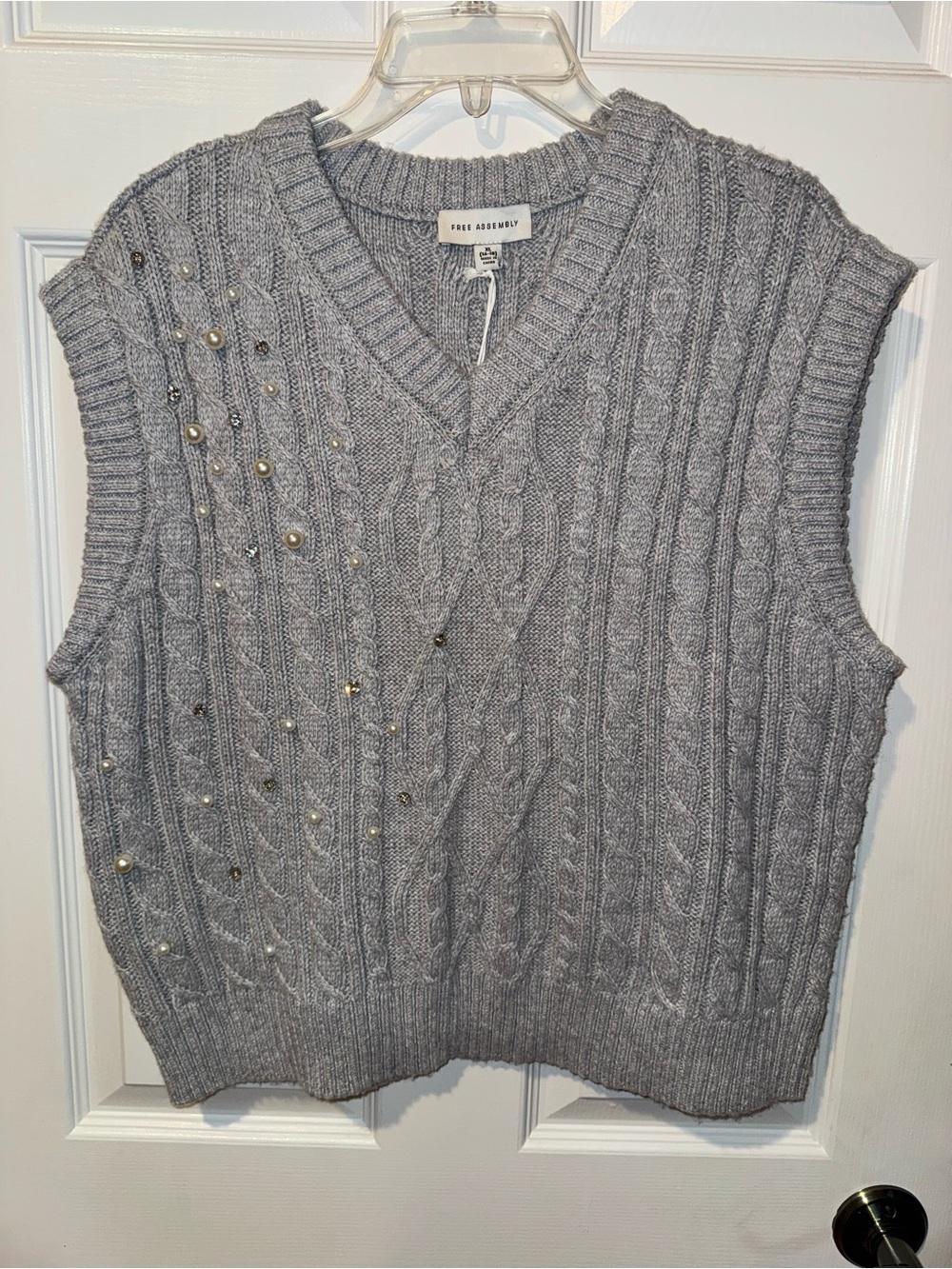 Free Assembly Women's Gray Cable-Knit Beaded V-Neck Sweater Vest